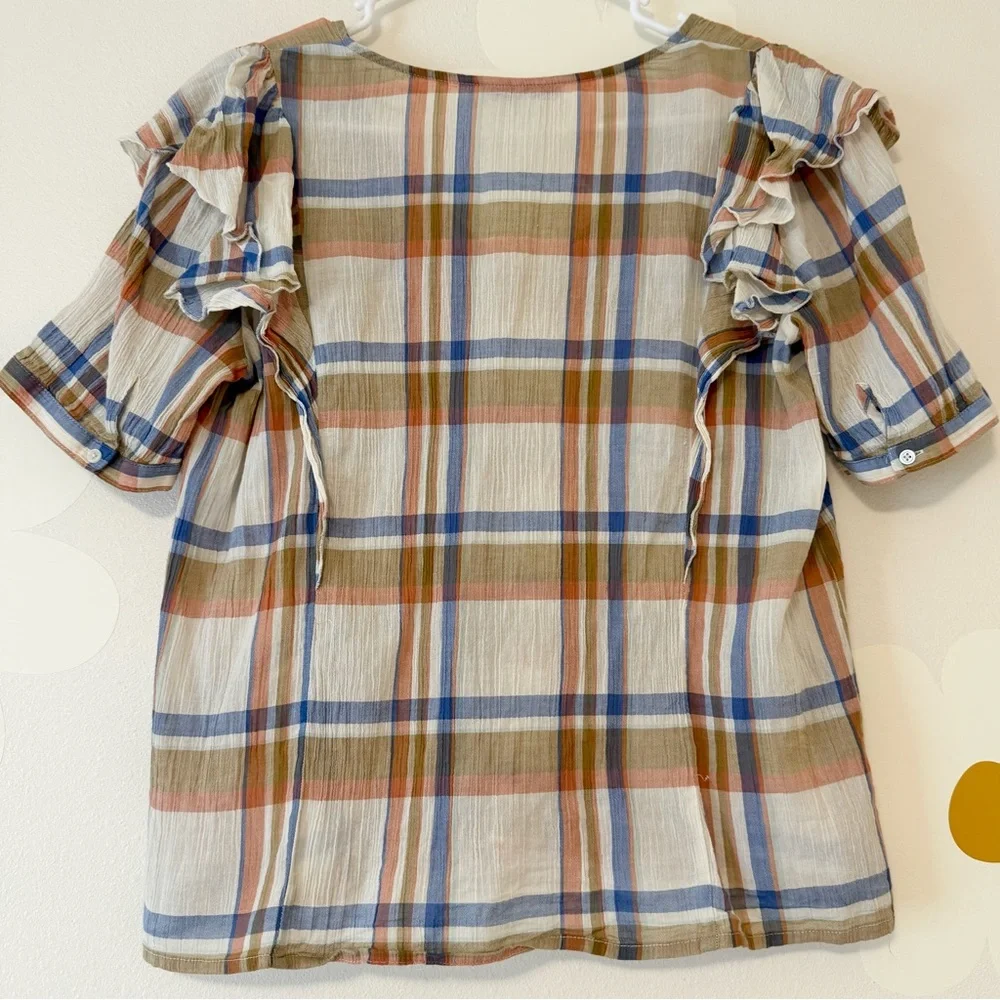 Madewell Women's Short Sleeve V-Neck Shoulder-Ruffle Top in Plaid